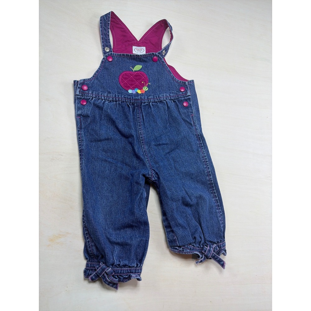 Talbots Kids Girls 12M Denim Overalls Apple Caterpillar Embroidery Blue Magenta